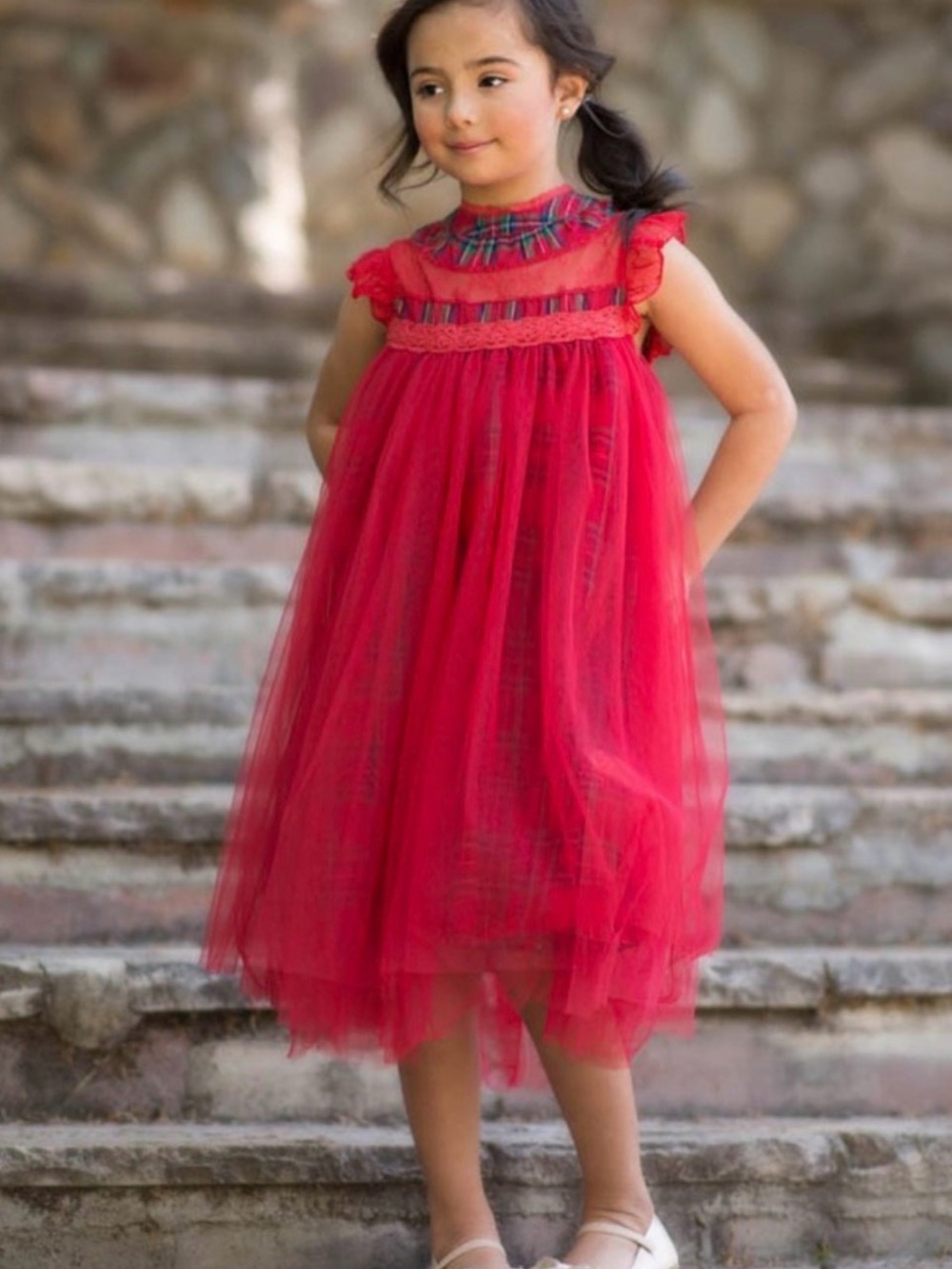 Just Couture Girls Boutique Red Plaid Tulle Lace ruffle Holiday Midi Dress Sz 6